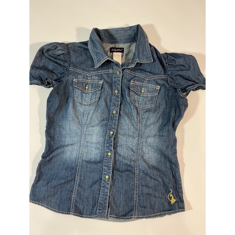 VTG Baby Phat Y2K Puff Short Sleeve Denim Button Down Shirt Plus Size XXL